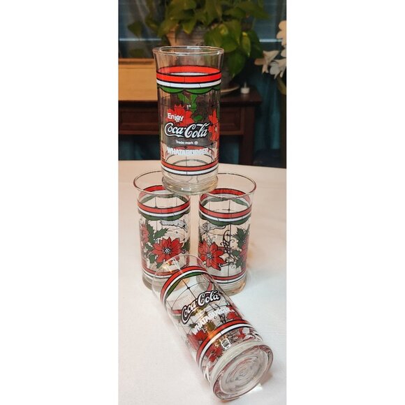 Vintage Coca-Cola & Whataburger Holiday Glasses Set Of 4 With Festive Poinsettia - Picture 2 of 3